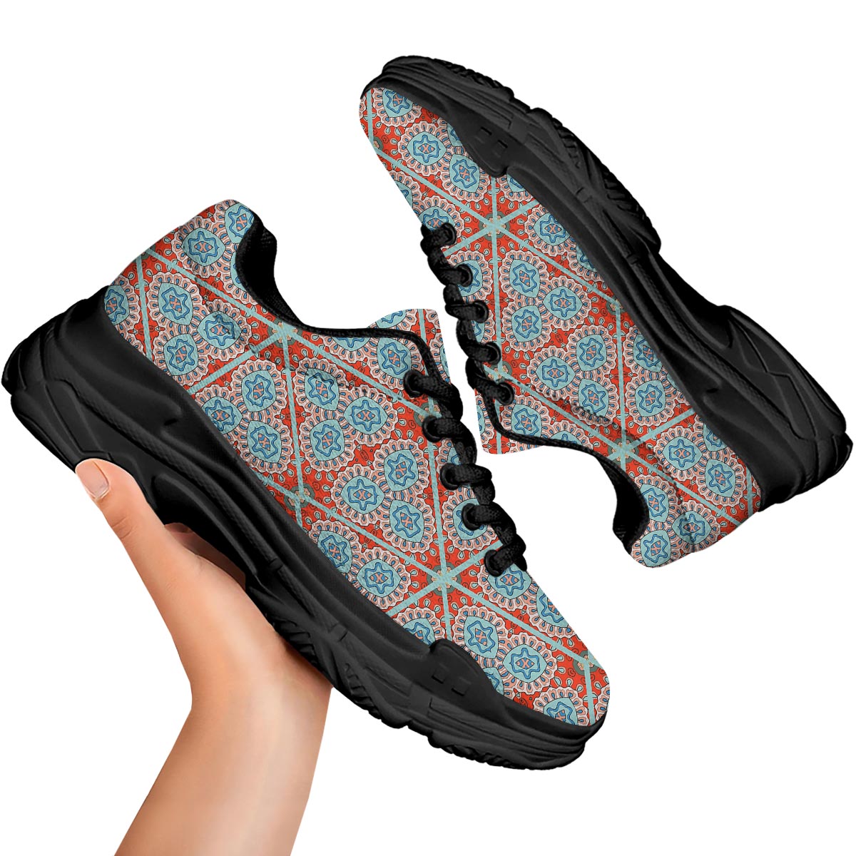Mandala Triangle Bohemian Print Pattern Black Chunky Shoes-grizzshop