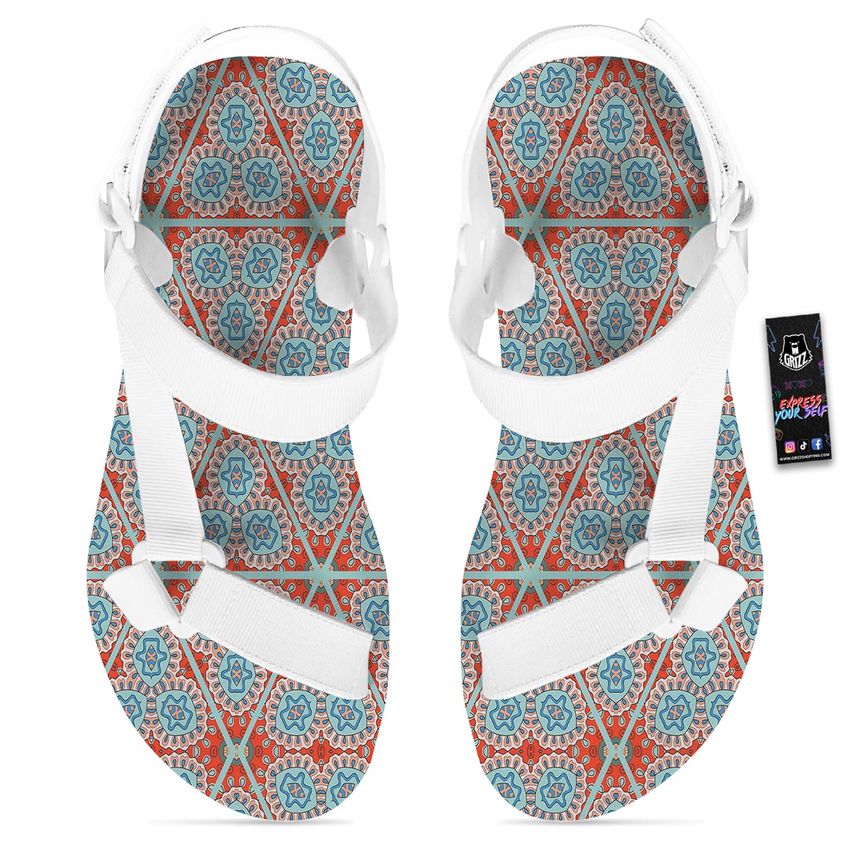 Mandala Triangle Bohemian Print Pattern White Open Toe Sandals-grizzshop