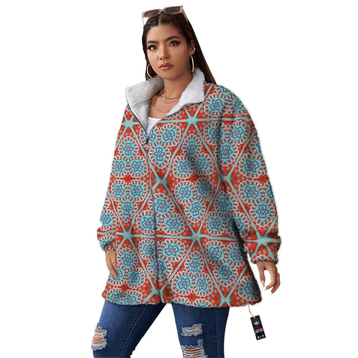 Mandala Triangle Bohemian Print Pattern Women's Sherpa Jacket-grizzshop