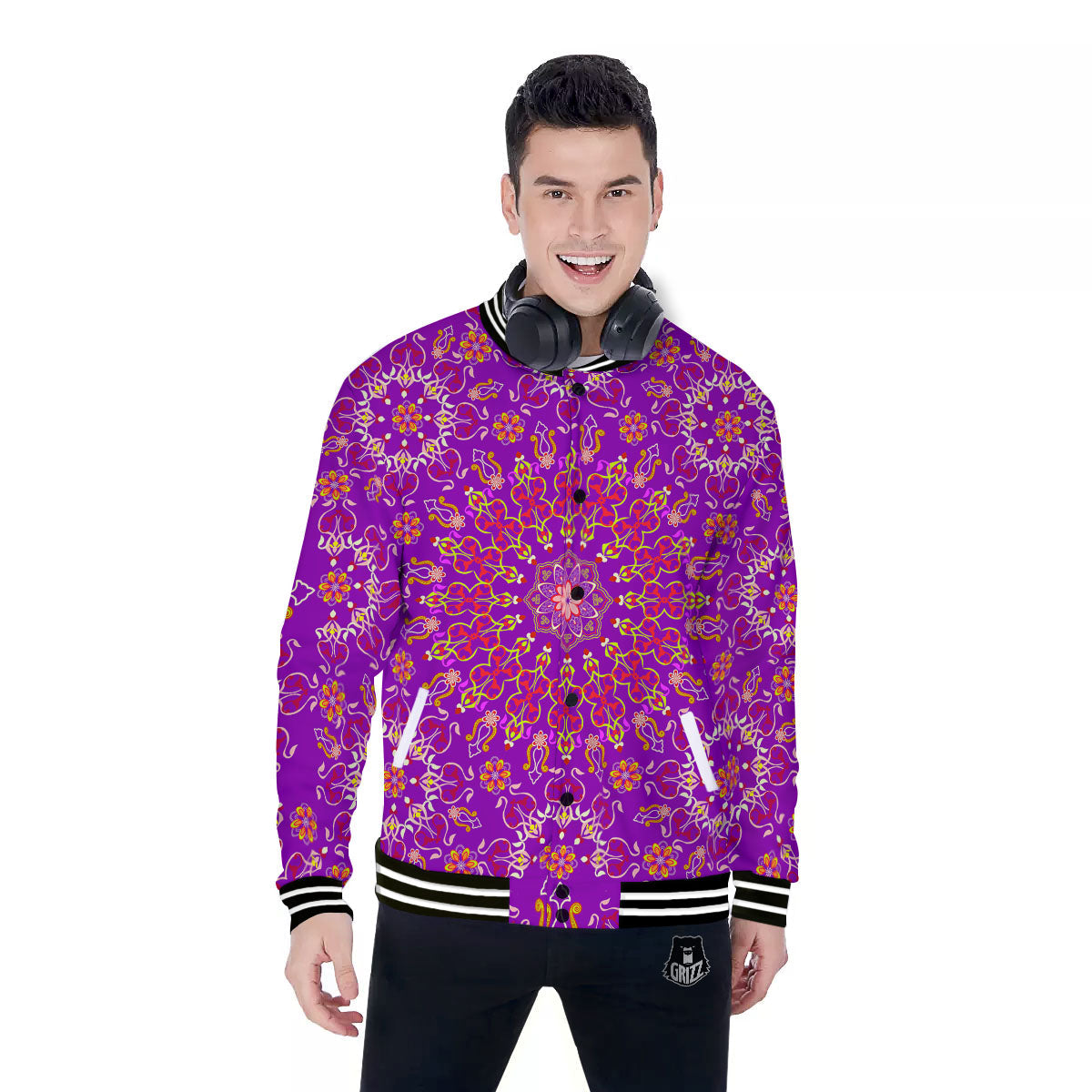 Mandala Trippy Purple Print Baseball Jacket-grizzshop
