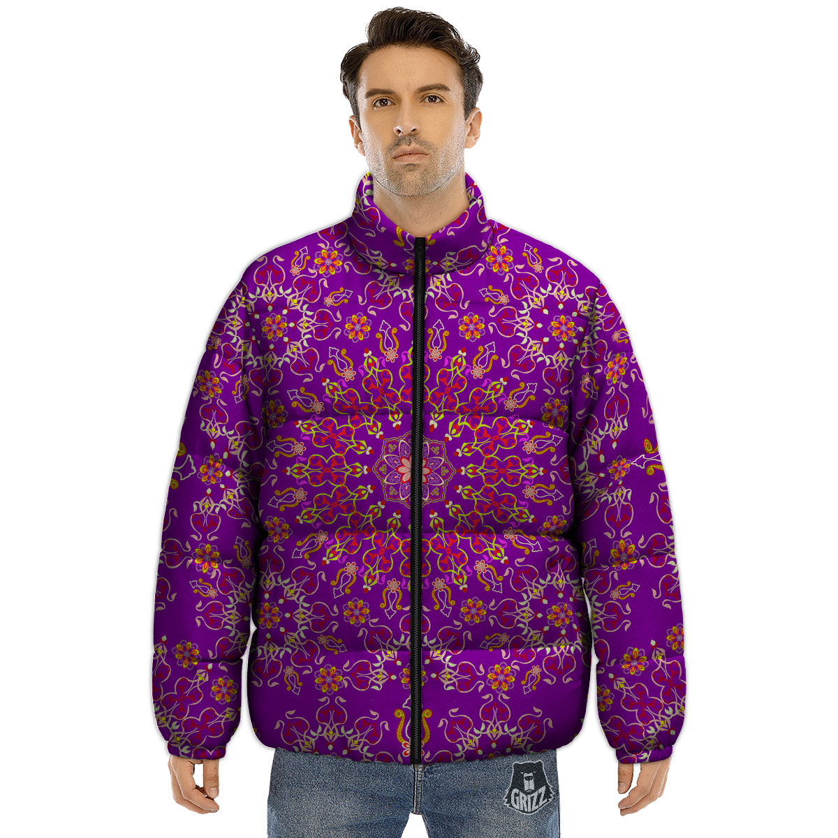 Mandala Trippy Purple Print Puffer Jacket-grizzshop