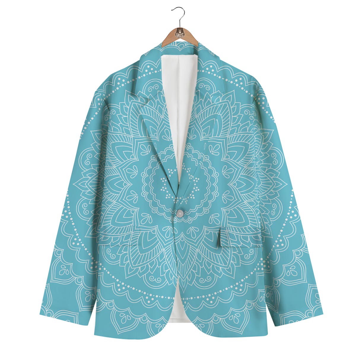 Mandala White And Teal Print Men's Blazer-grizzshop
