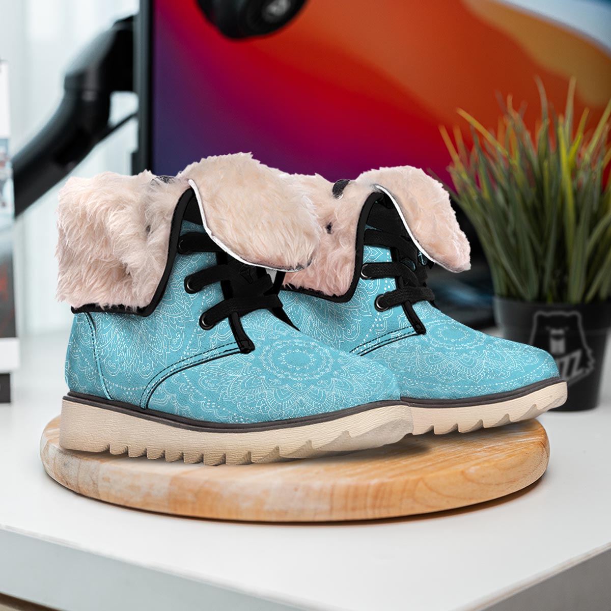Mandala White And Teal Print Snow Boots-grizzshop