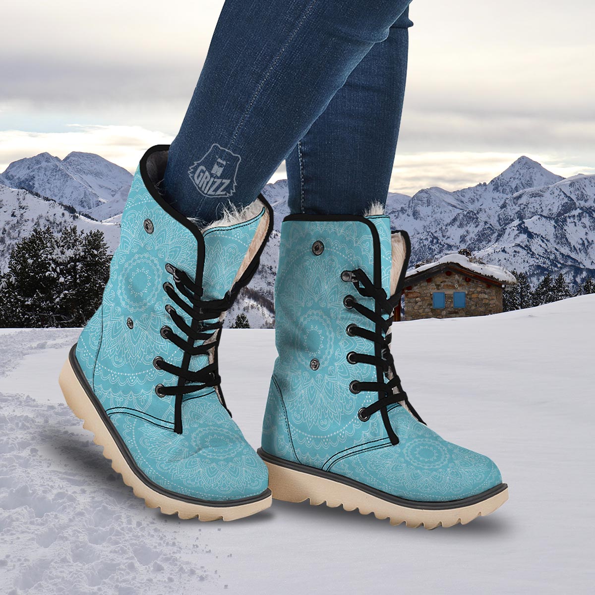 Mandala White And Teal Print Snow Boots-grizzshop
