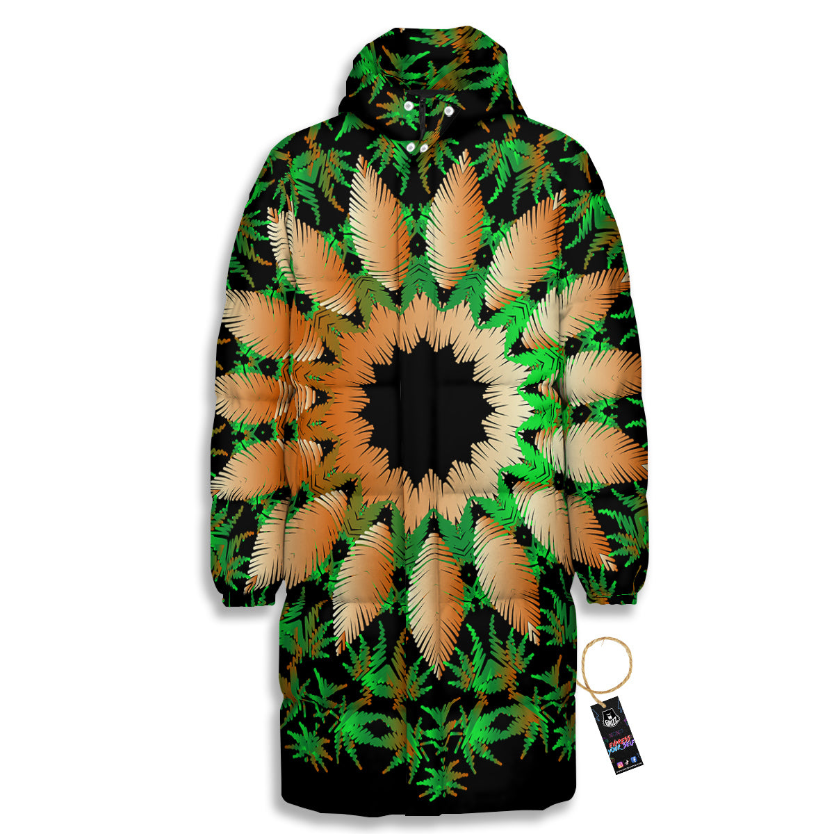 Mandala Cannabis Leaf Print Long Down Jacket