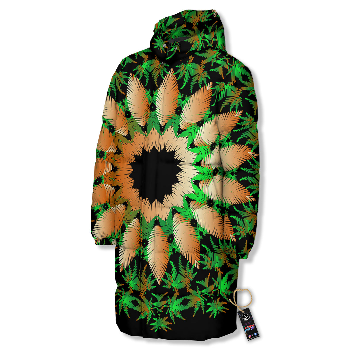 Mandala Cannabis Leaf Print Long Down Jacket