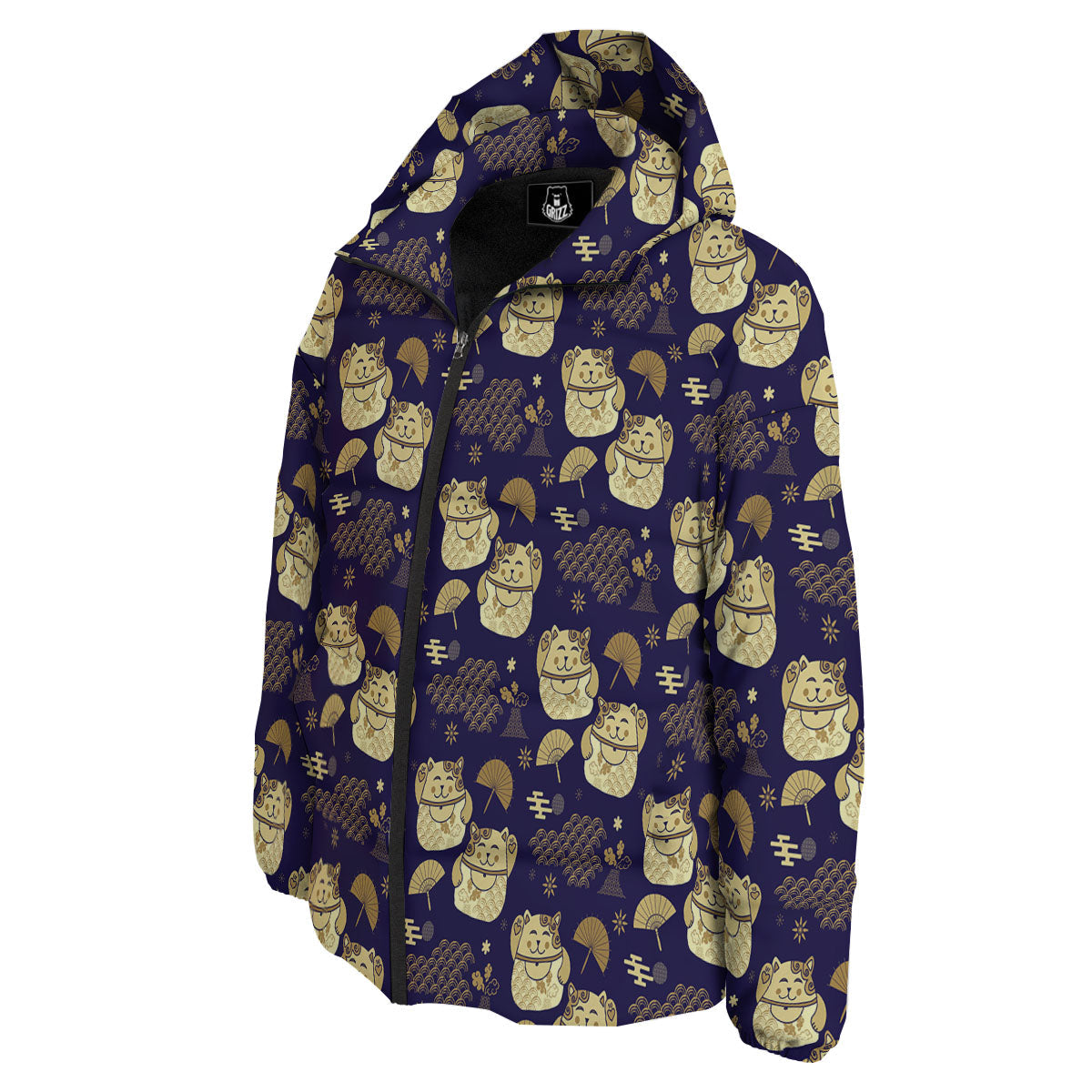 Maneki Neko Cat Japanese Print Pattern Down Jacket-grizzshop