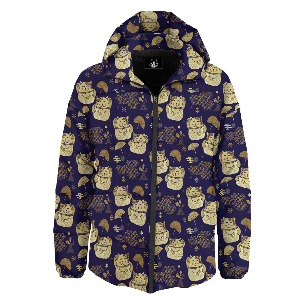 Maneki Neko Cat Japanese Print Pattern Down Jacket-grizzshop