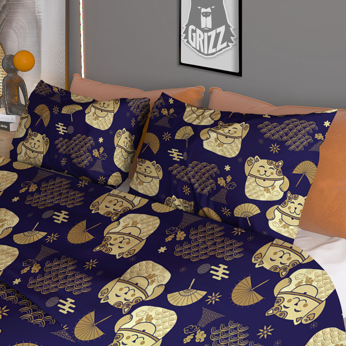 Maneki Neko Cat Japanese Print Pattern Duvet Cover Bedding Set