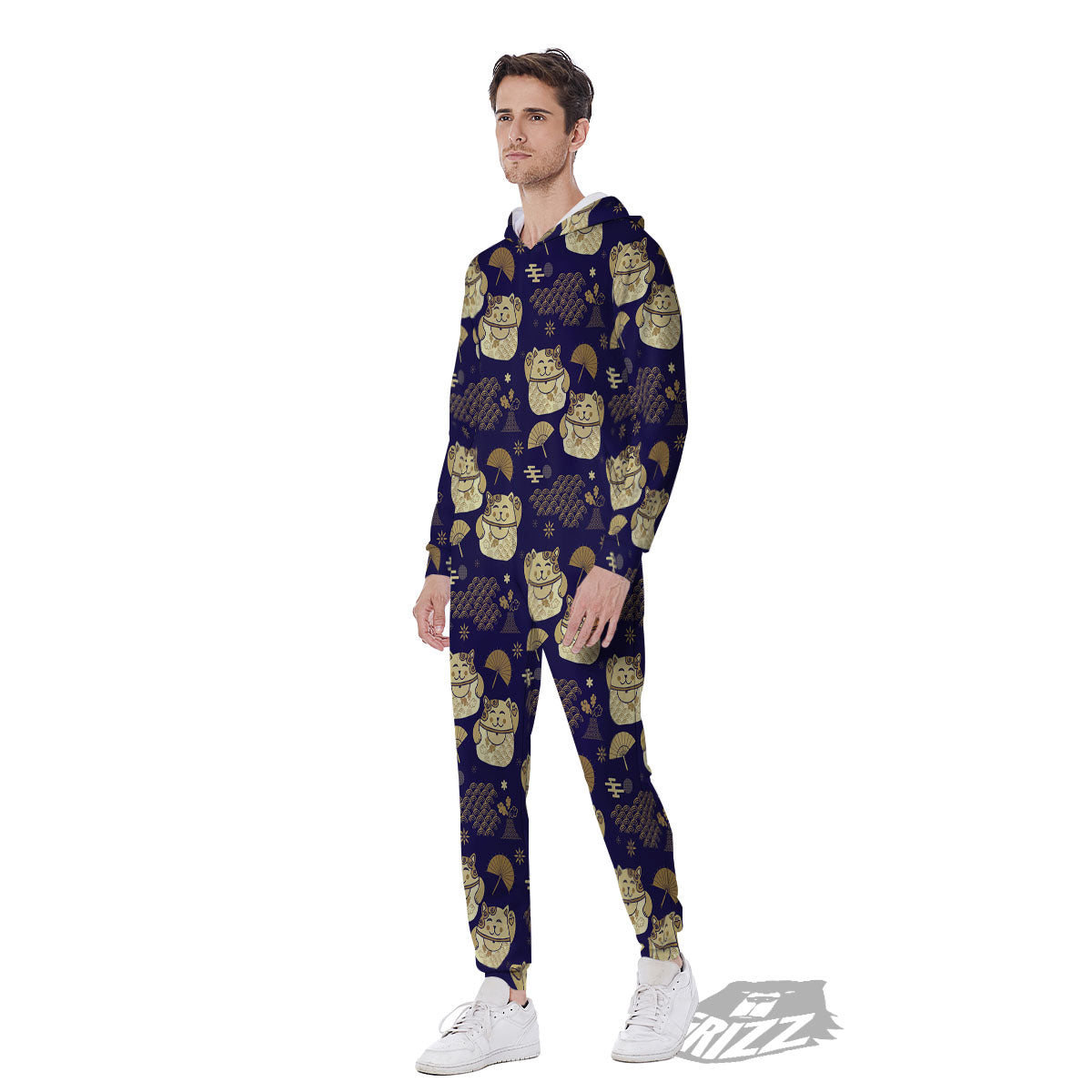 Maneki Neko Cat Japanese Print Pattern Men's Jumpsuit-grizzshop