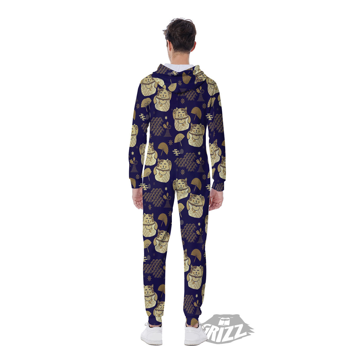 Maneki Neko Cat Japanese Print Pattern Men's Jumpsuit-grizzshop