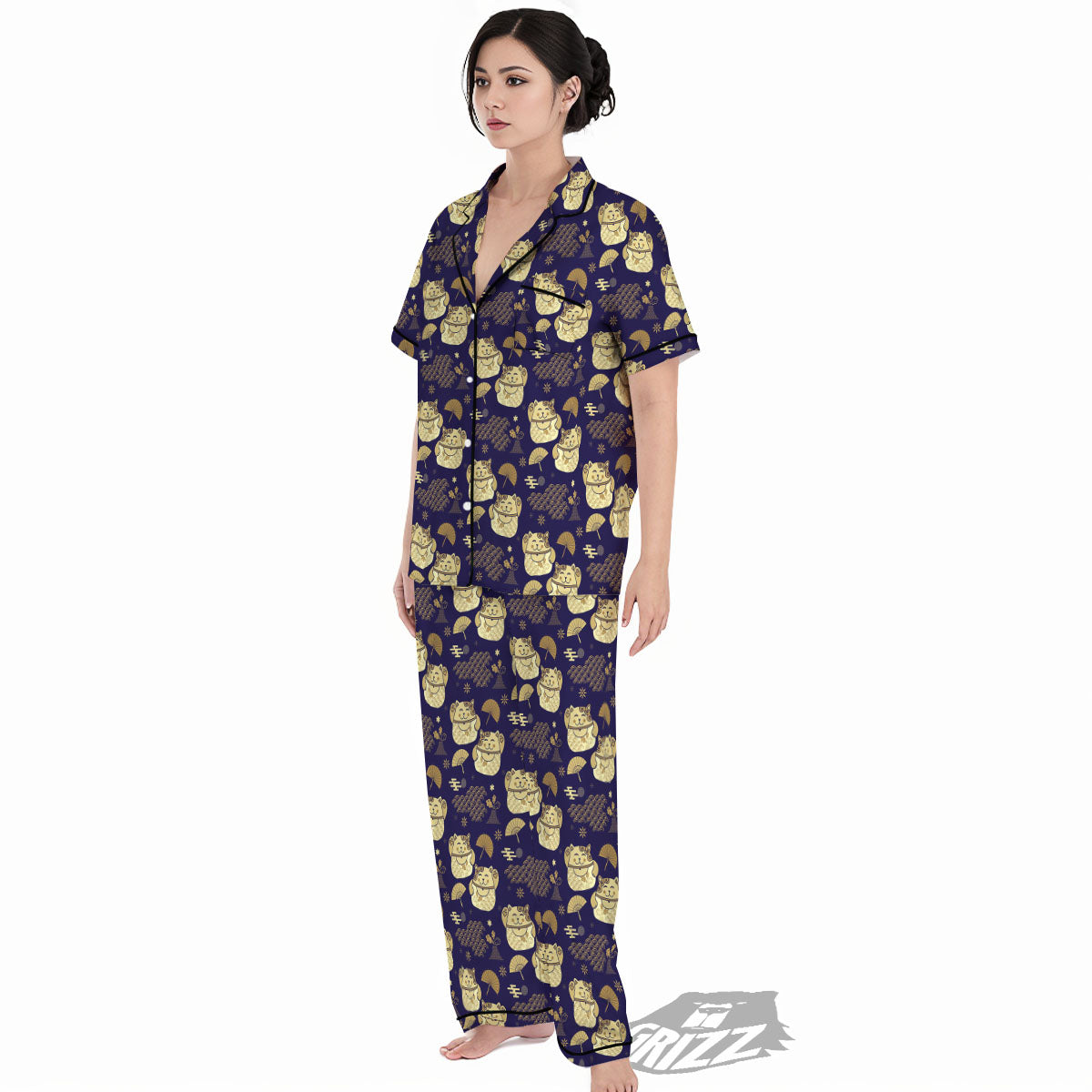 Maneki Neko Cat Japanese Print Pattern Women's Pajamas Set-grizzshop