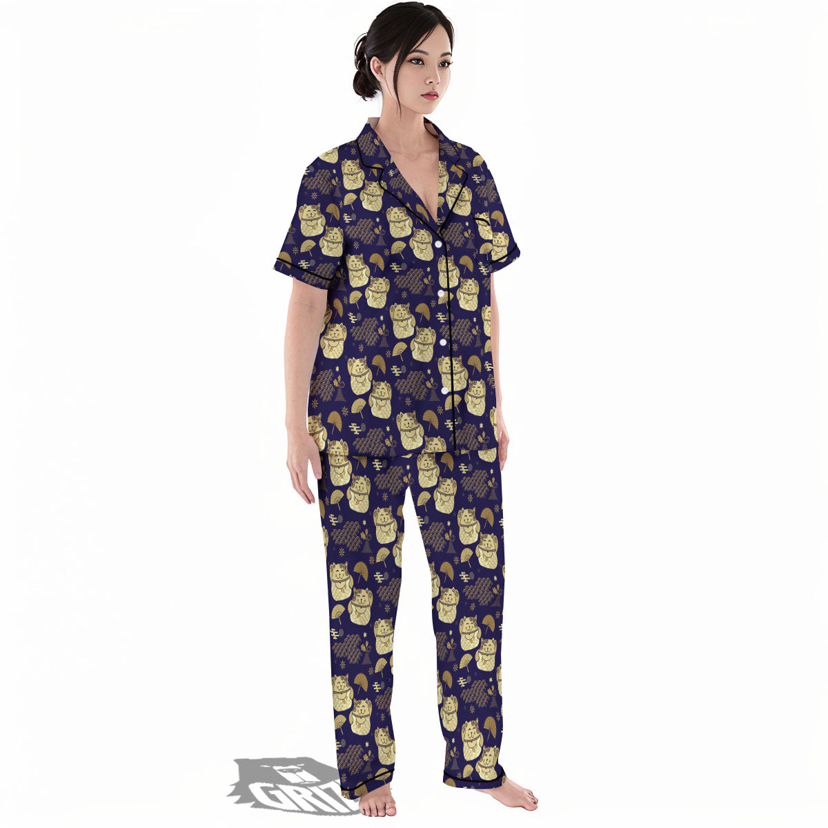 Maneki Neko Cat Japanese Print Pattern Women's Pajamas Set-grizzshop