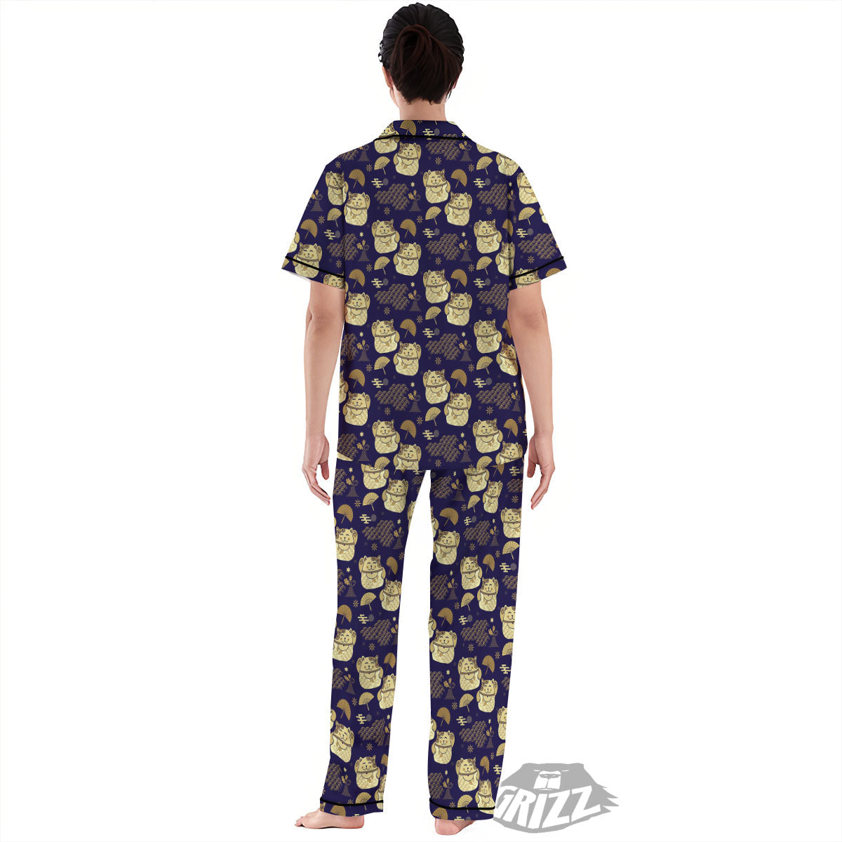 Maneki Neko Cat Japanese Print Pattern Women's Pajamas Set-grizzshop