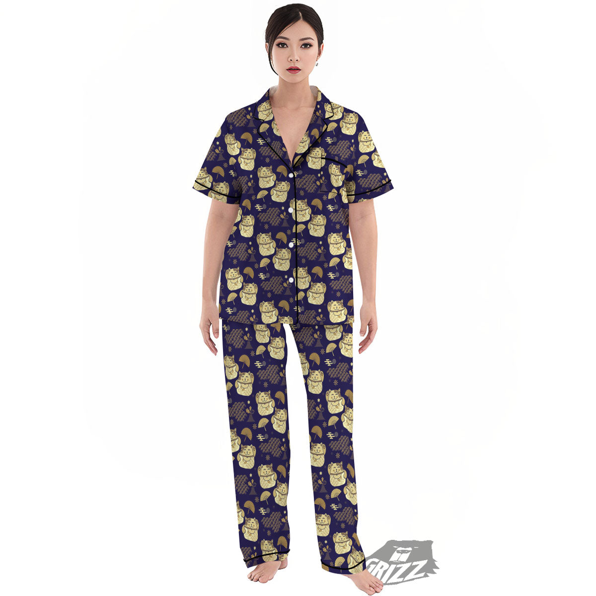 Maneki Neko Cat Japanese Print Pattern Women's Pajamas Set-grizzshop