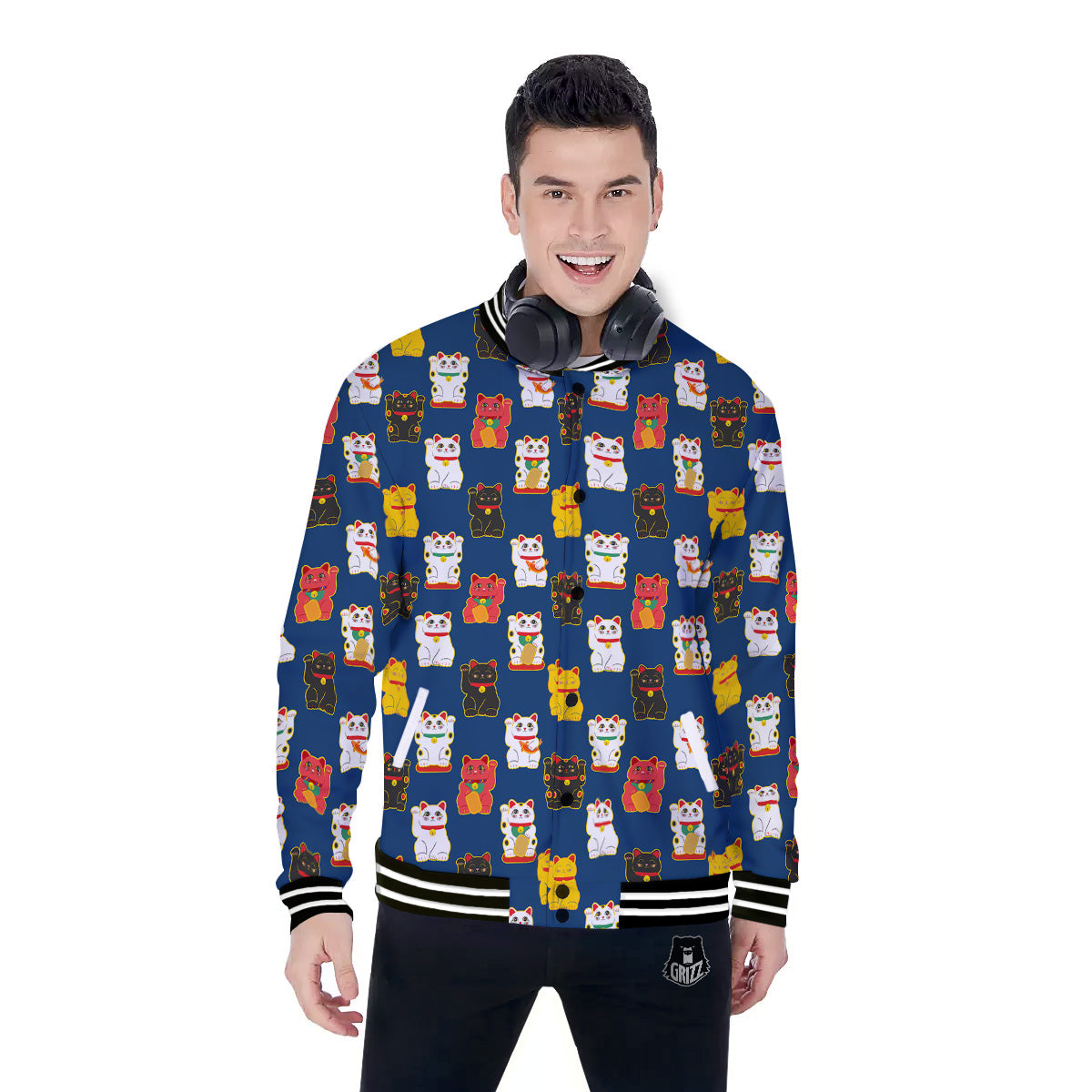 Maneki Neko Colorful Print Pattern Baseball Jacket-grizzshop