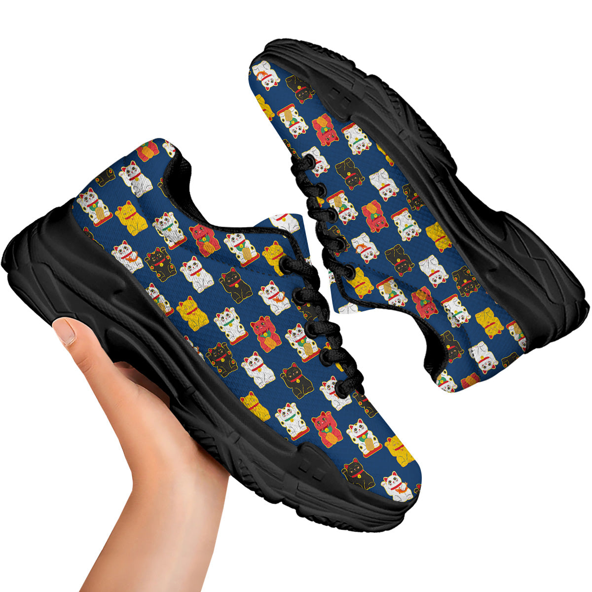 Maneki Neko Colorful Print Pattern Black Chunky Shoes-grizzshop