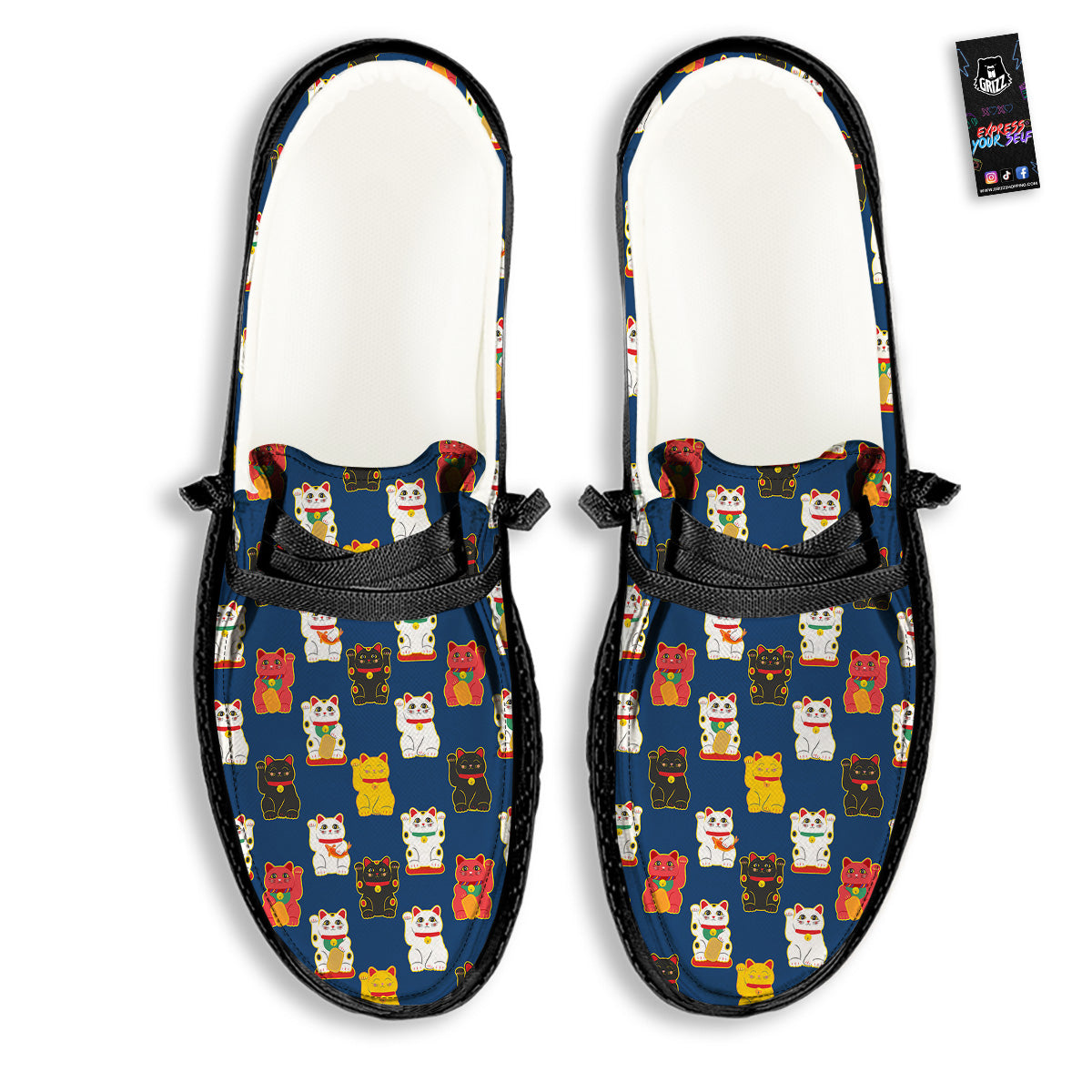Maneki Neko Colorful Print Pattern Black Loafers-grizzshop