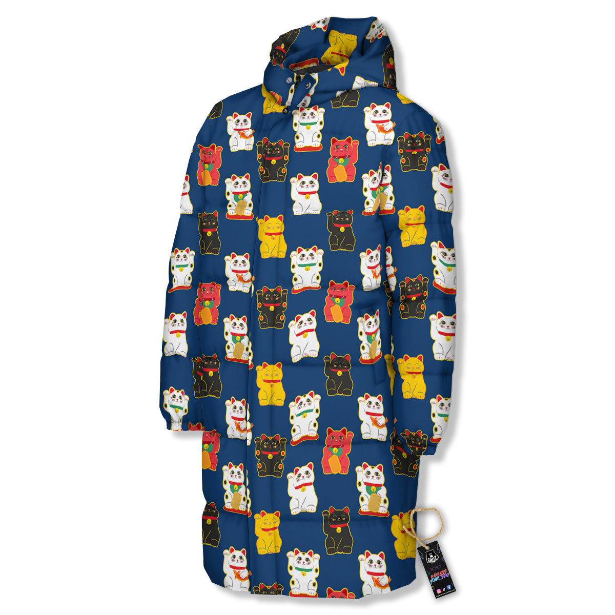 Maneki Neko Colorful Print Pattern Long Down Jacket-grizzshop