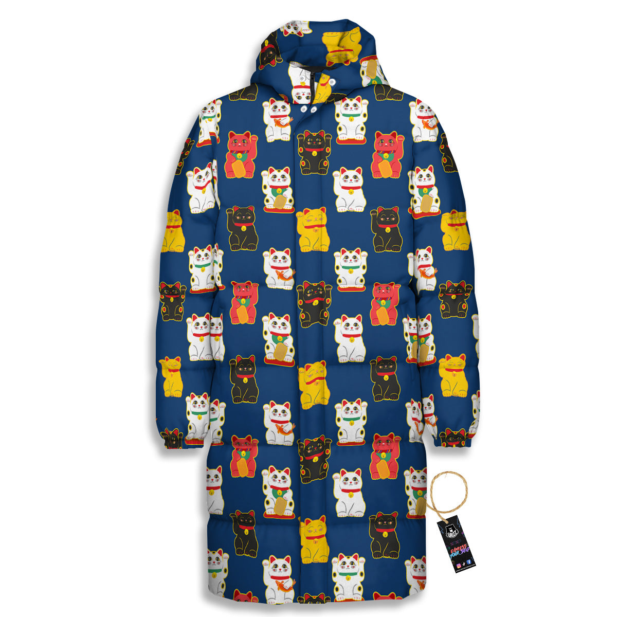 Maneki Neko Colorful Print Pattern Long Down Jacket-grizzshop