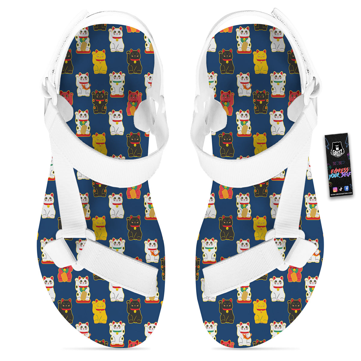 Maneki Neko Colorful Print Pattern White Open Toe Sandals-grizzshop