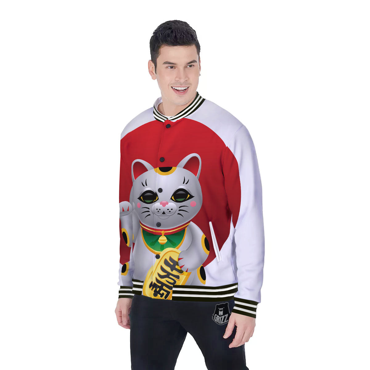 Maneki Neko Japanese Lucky Cat Print Baseball Jacket-grizzshop