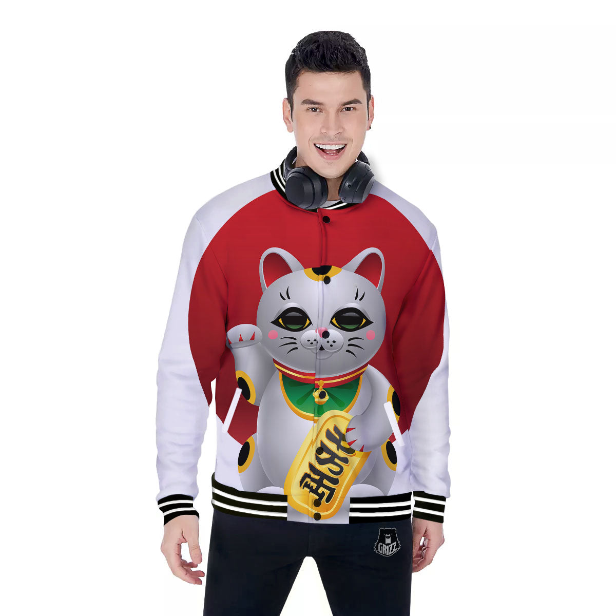 Maneki Neko Japanese Lucky Cat Print Baseball Jacket-grizzshop