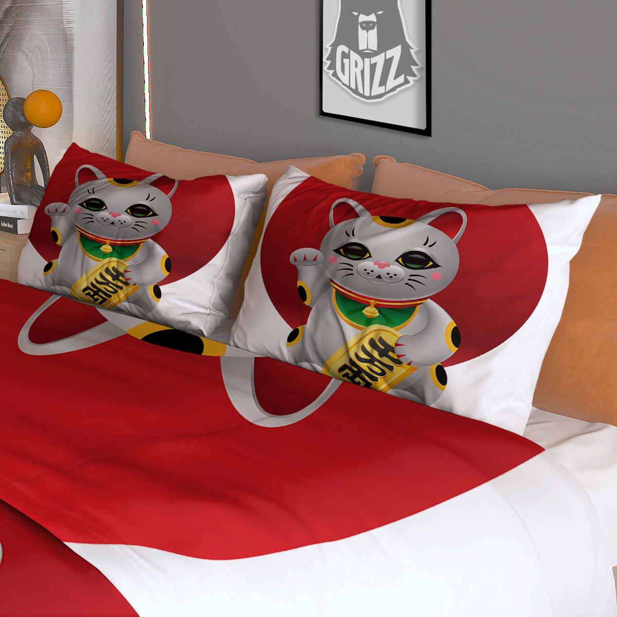Maneki Neko Japanese Lucky Cat Print Duvet Cover Bedding Set