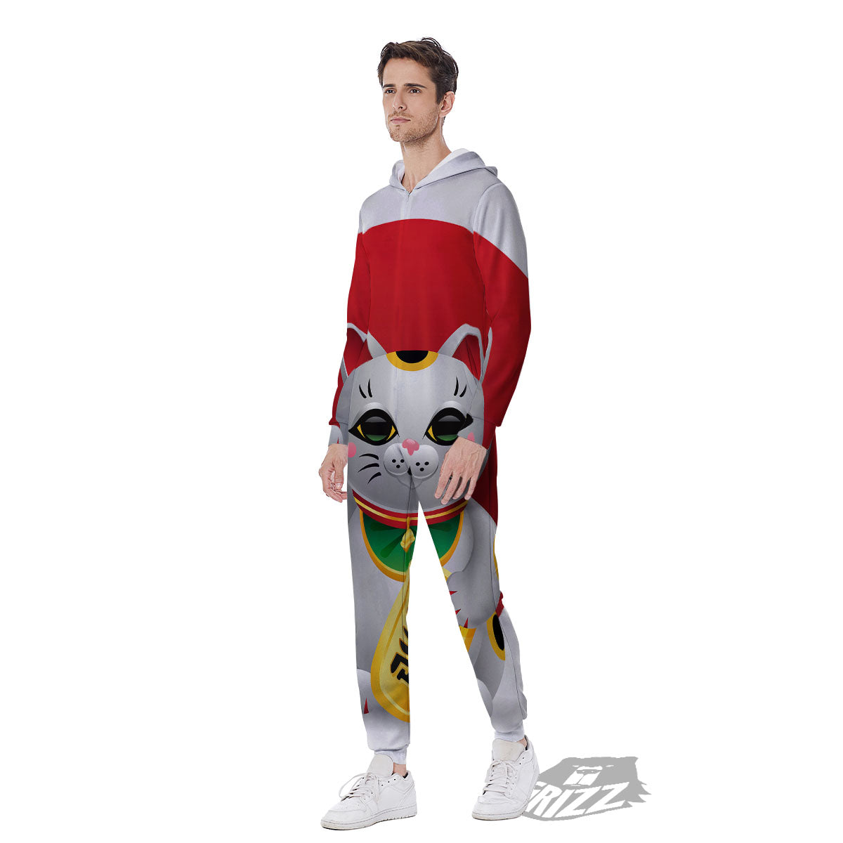 Maneki Neko Japanese Lucky Cat Print Men's Jumpsuit-grizzshop