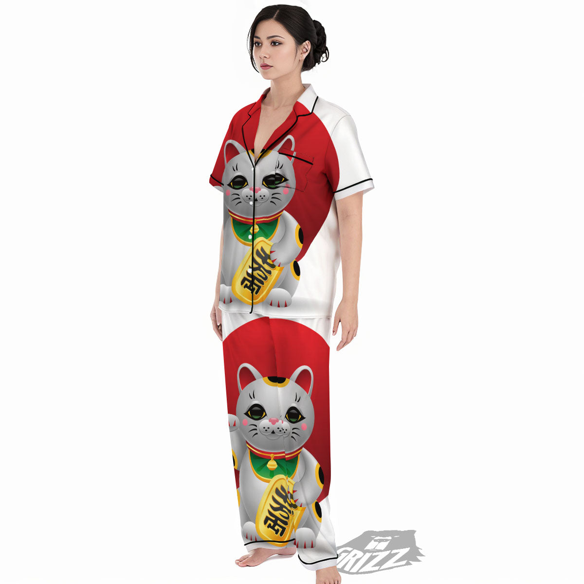 Maneki Neko Japanese Lucky Cat Print Women's Pajamas Set-grizzshop