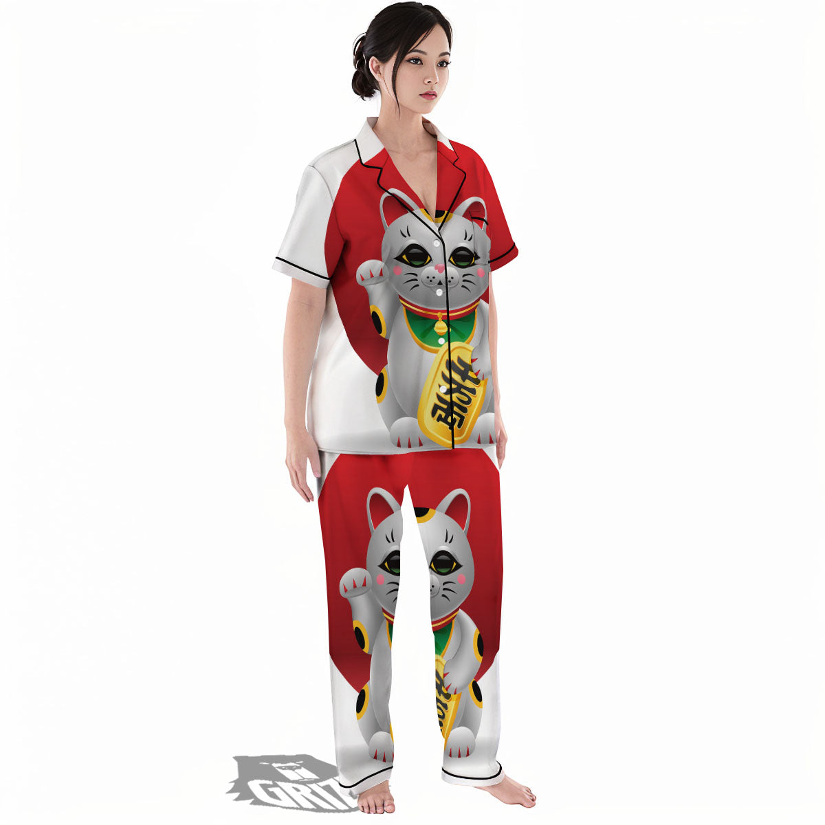 Maneki Neko Japanese Lucky Cat Print Women's Pajamas Set-grizzshop