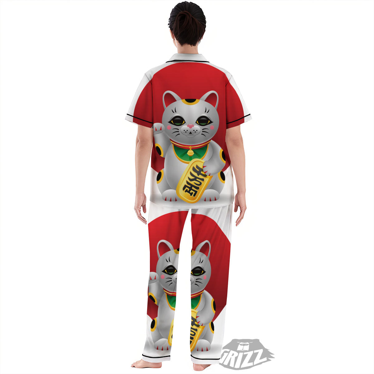 Maneki Neko Japanese Lucky Cat Print Women's Pajamas Set-grizzshop