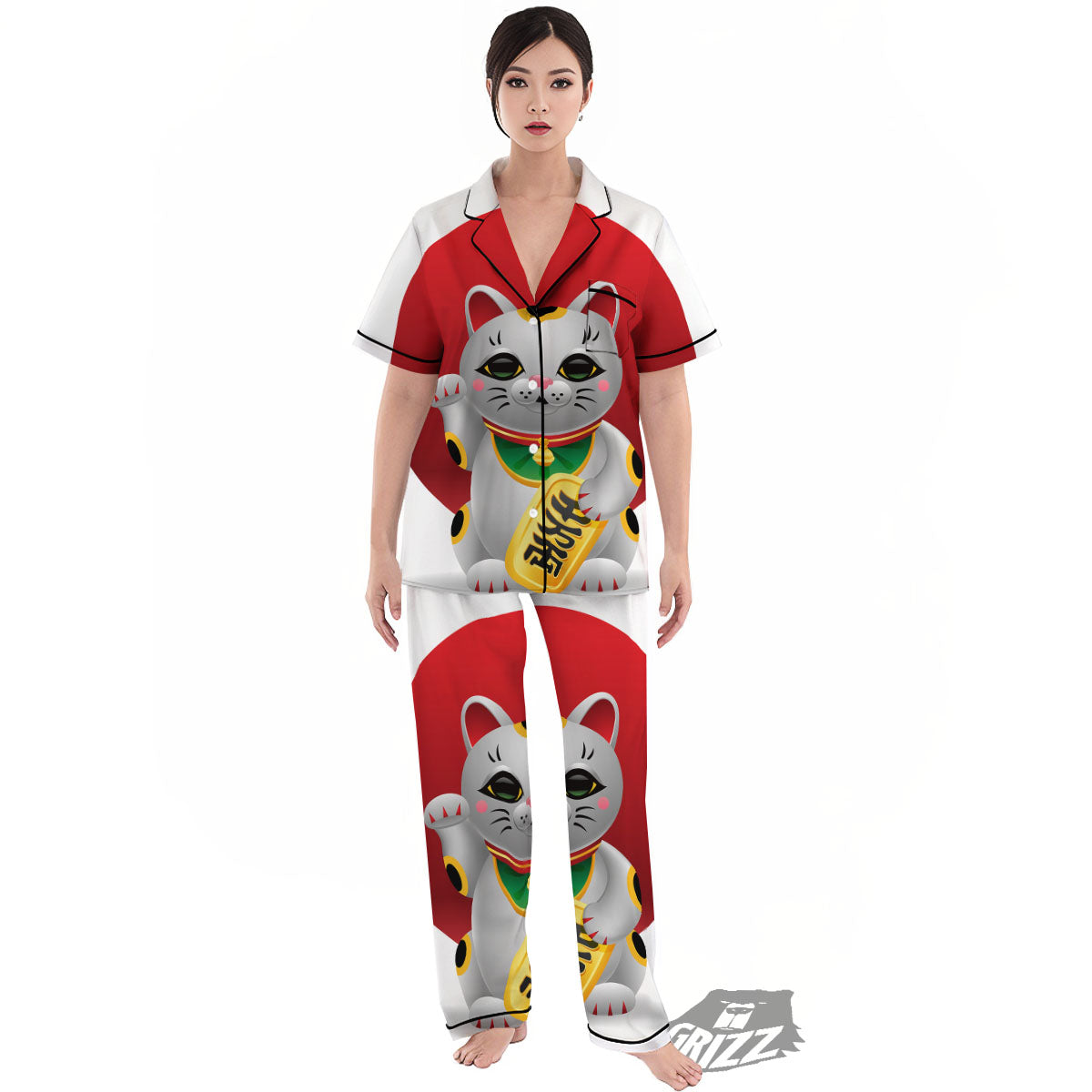 Maneki Neko Japanese Lucky Cat Print Women's Pajamas Set-grizzshop