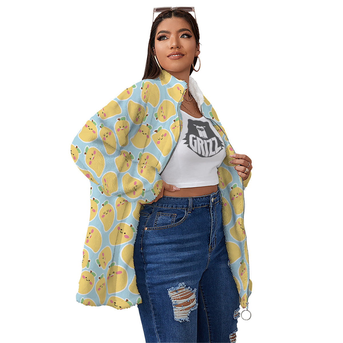 Mango Cute Print Pattern Women's Sherpa Jacket-grizzshop