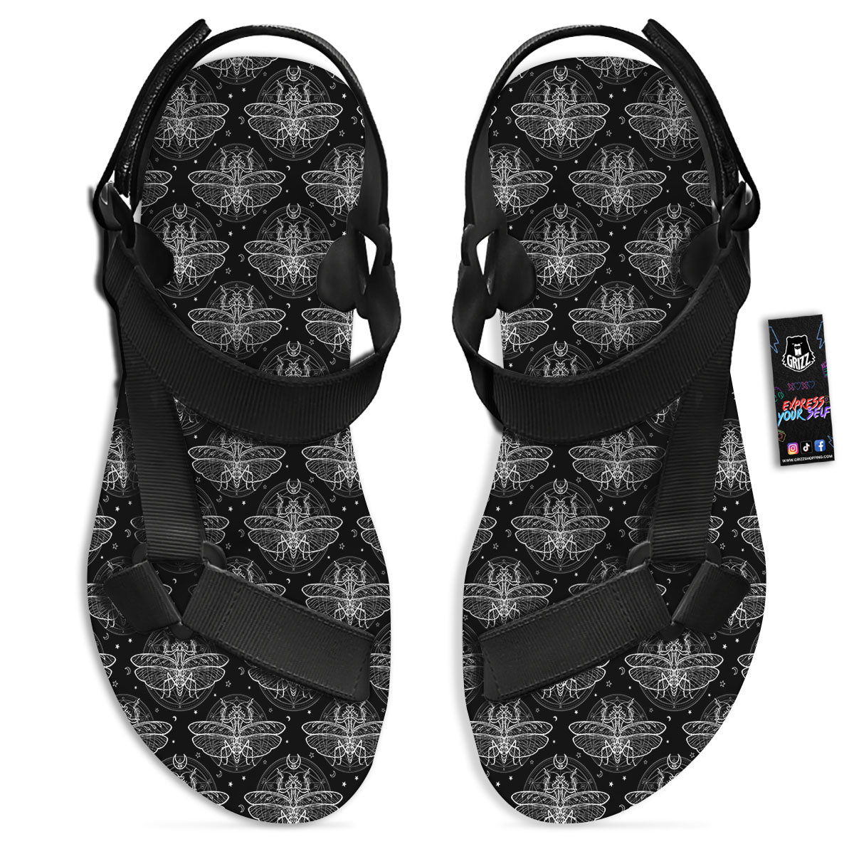Mantis Animal Print Pattern Black Open Toe Sandals-grizzshop