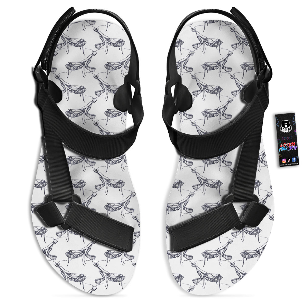 Mantis Hand Drawn Print Pattern Black Open Toe Sandals-grizzshop