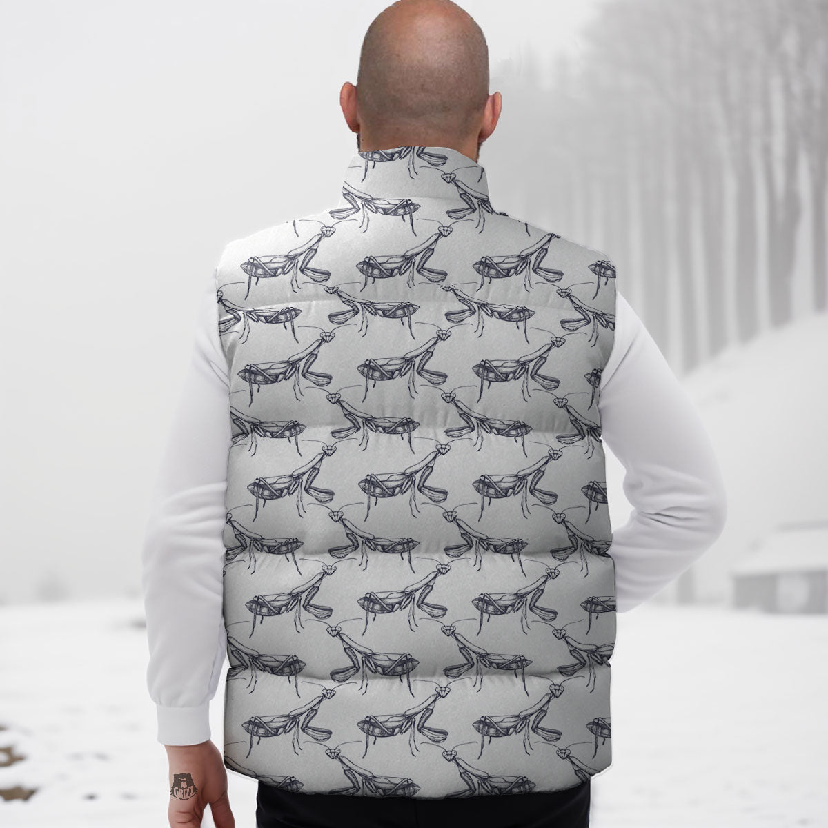 Mantis Hand Drawn Print Pattern Down Vest-grizzshop
