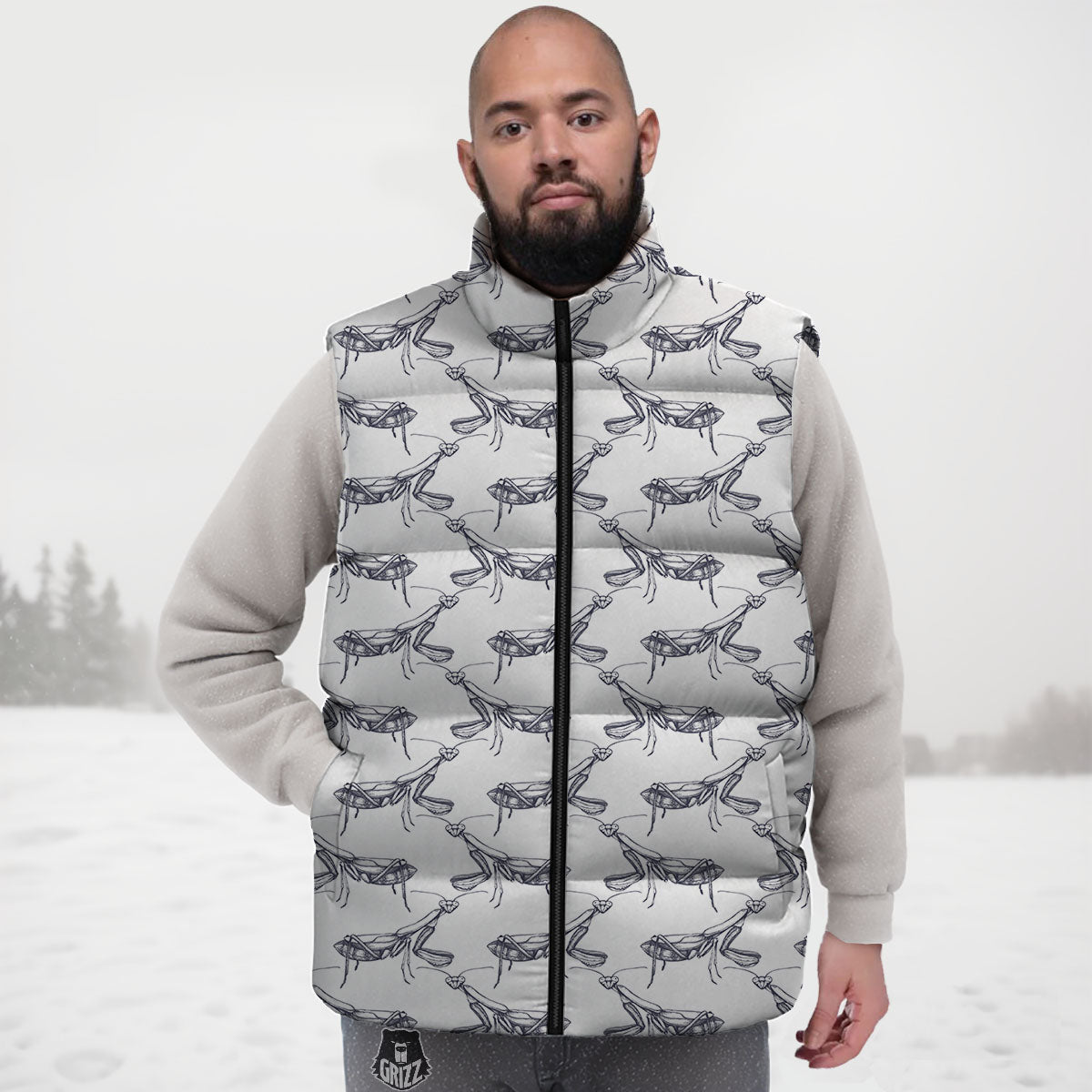 Mantis Hand Drawn Print Pattern Down Vest-grizzshop