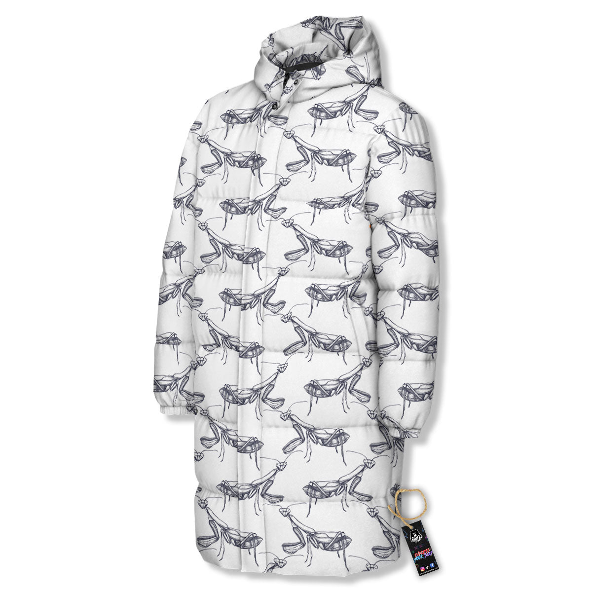 Mantis Hand Drawn Print Pattern Long Down Jacket-grizzshop