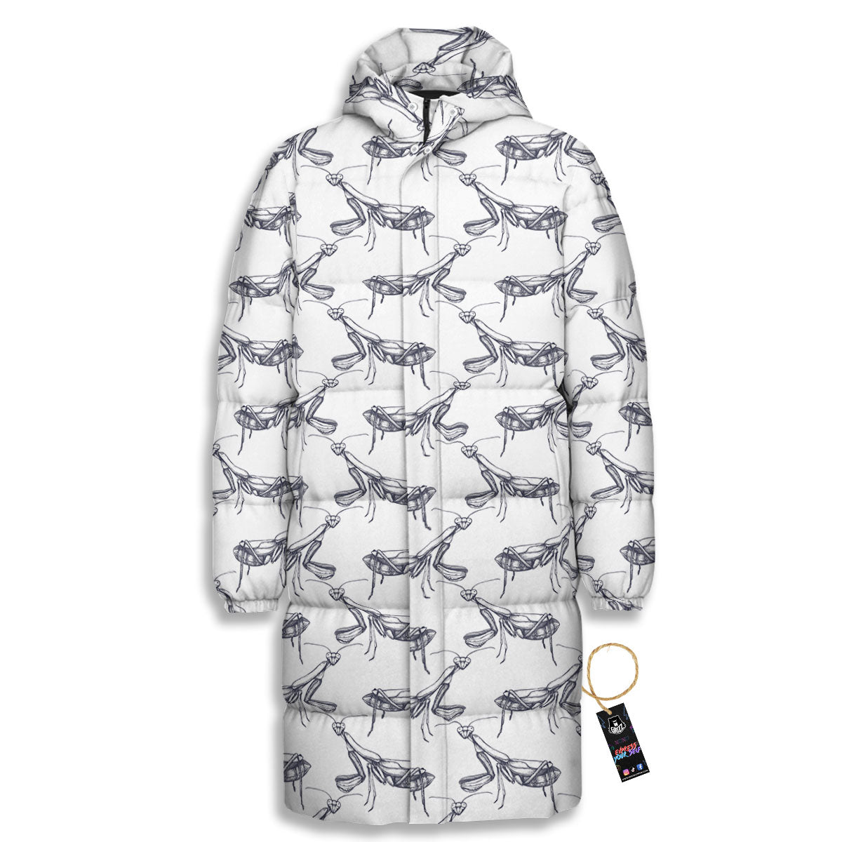 Mantis Hand Drawn Print Pattern Long Down Jacket-grizzshop