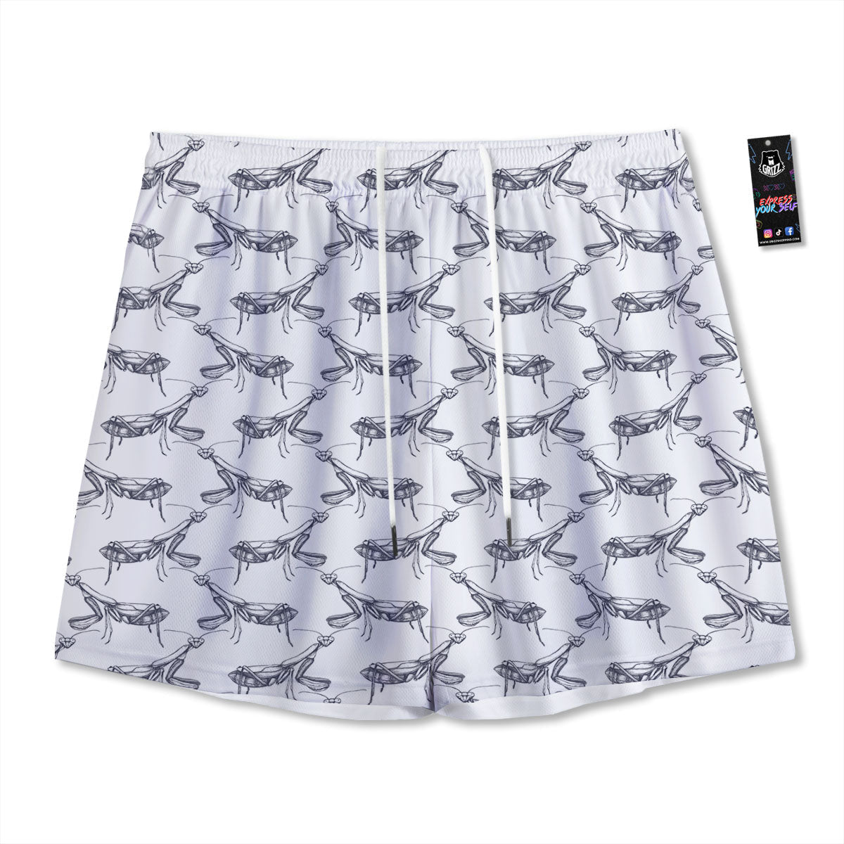 Mantis Hand Drawn Print Pattern Mesh Shorts-grizzshop