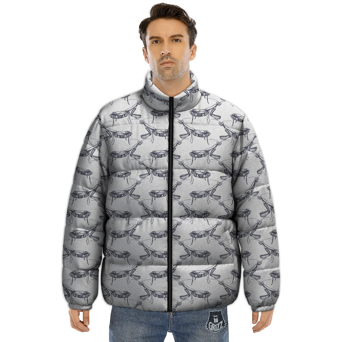 Mantis Hand Drawn Print Pattern Puffer Jacket-grizzshop