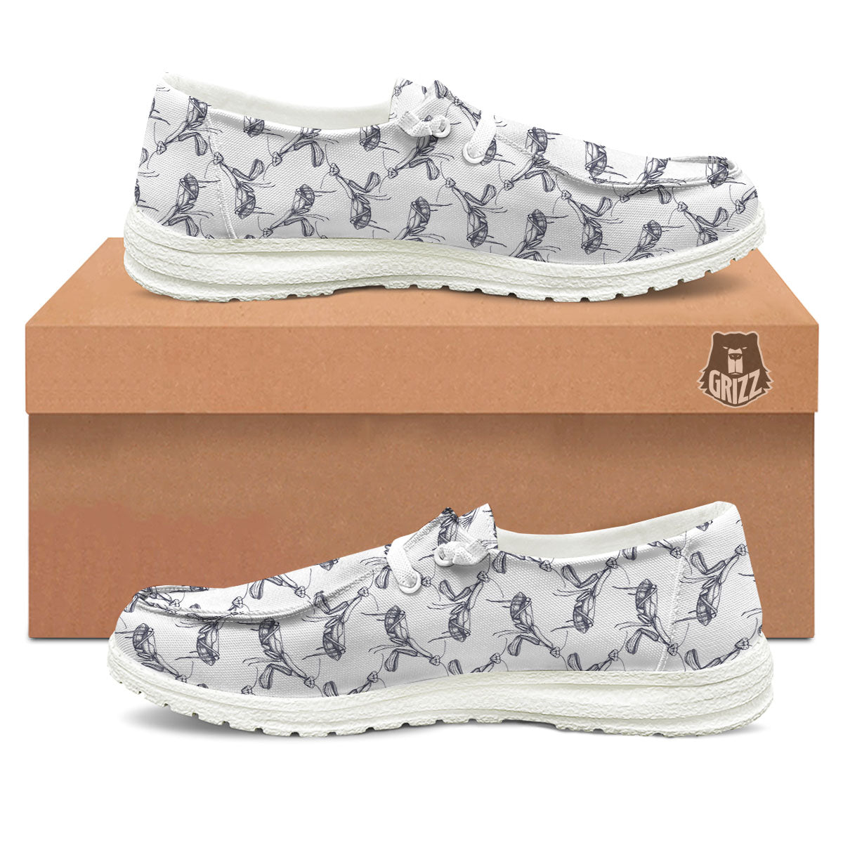Mantis Hand Drawn Print Pattern White Loafers-grizzshop