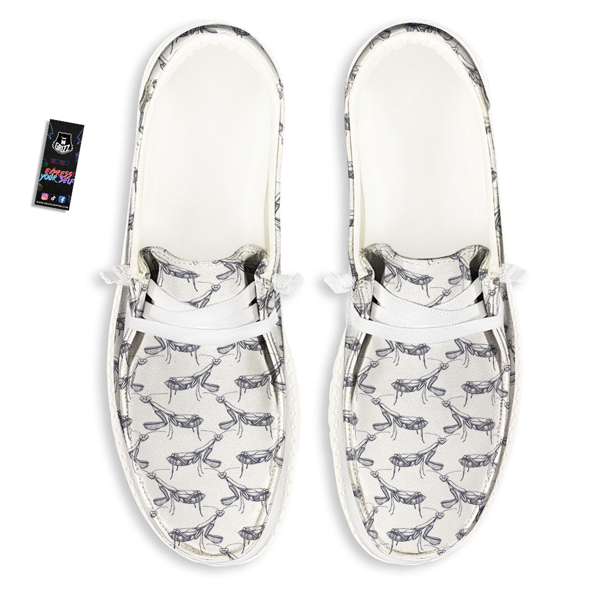 Mantis Hand Drawn Print Pattern White Loafers-grizzshop
