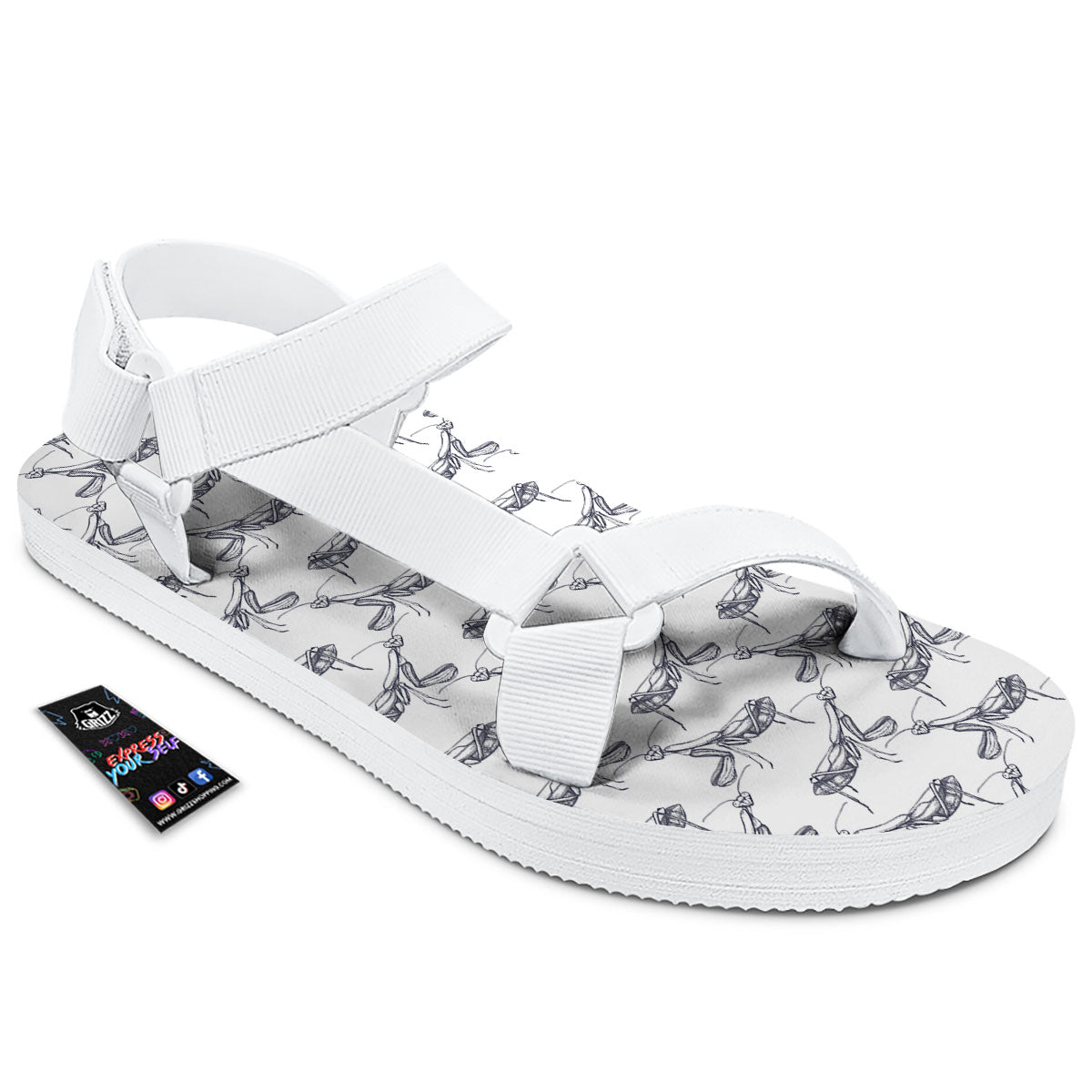 Mantis Hand Drawn Print Pattern White Open Toe Sandals-grizzshop