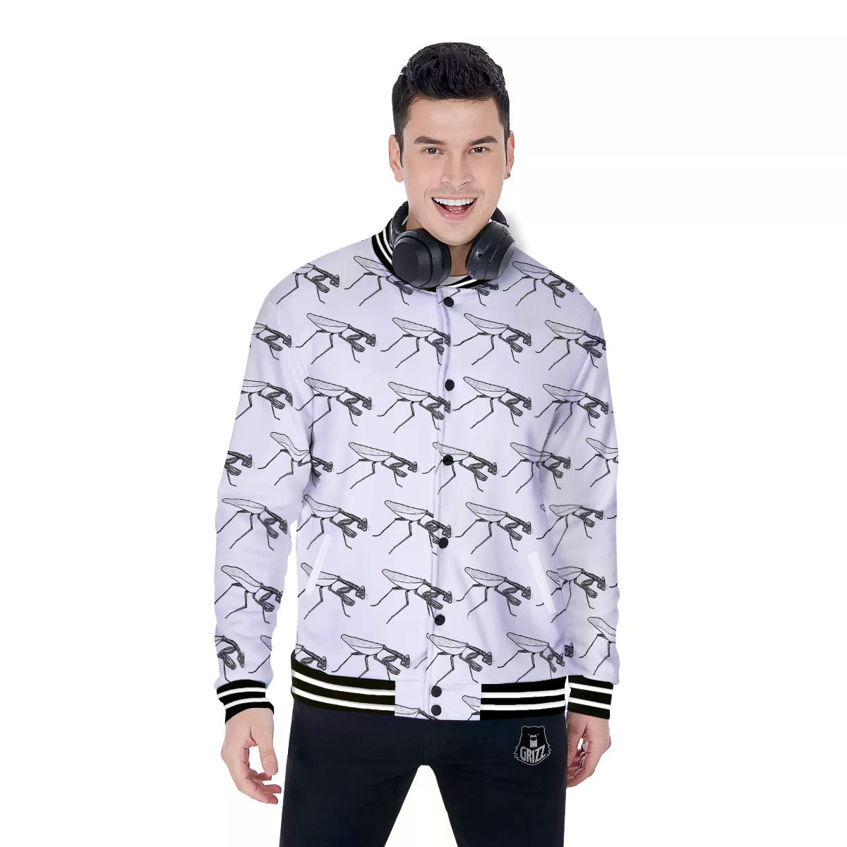Mantis White And Black Print Pattern Baseball Jacket-grizzshop