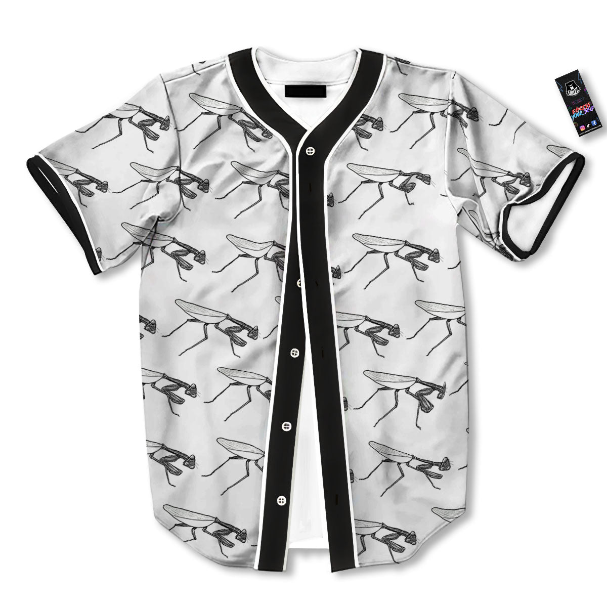 Mantis White And Black Print Pattern Baseball Jersey-grizzshop