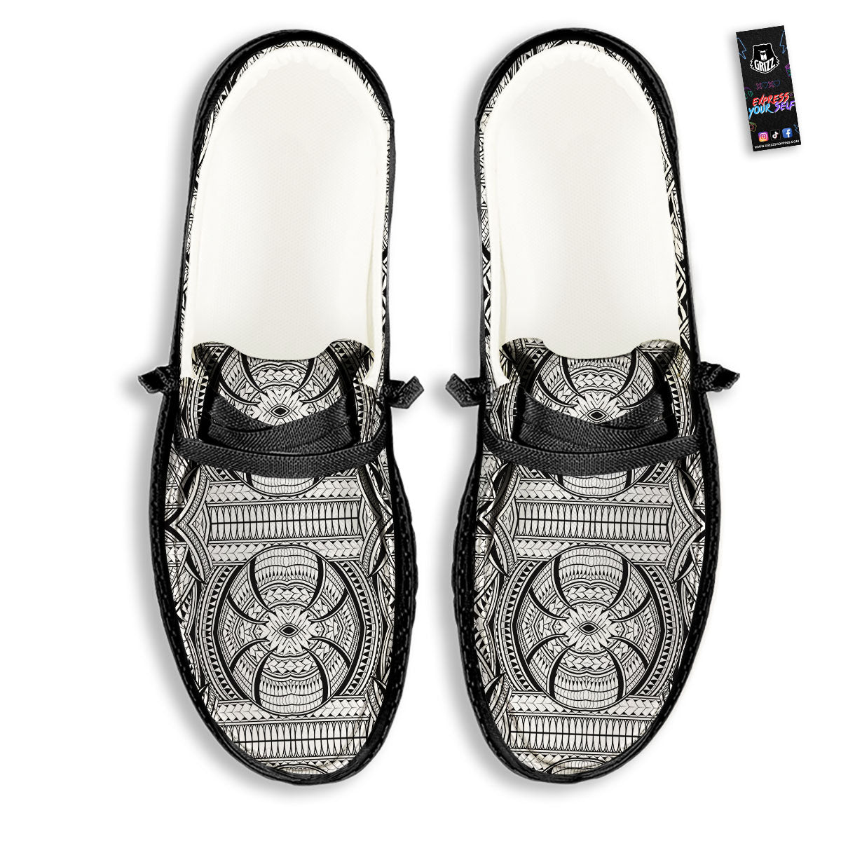 Maori Polynesian White And Black Print Black Loafers-grizzshop