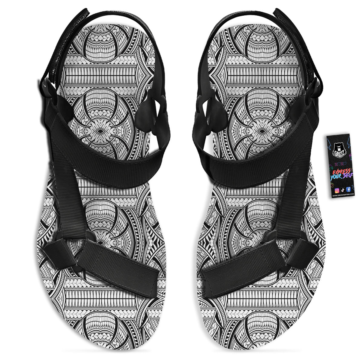 Maori Polynesian White And Black Print Black Open Toe Sandals-grizzshop