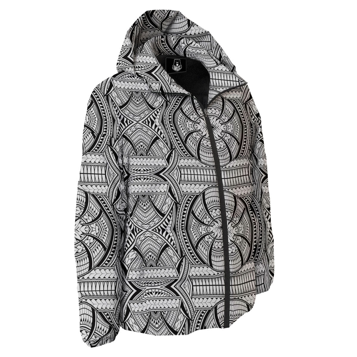 Maori Polynesian White And Black Print Down Jacket-grizzshop